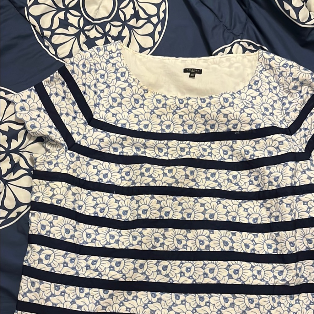 Talbot Blue and White Floral Striped Eyelet Top